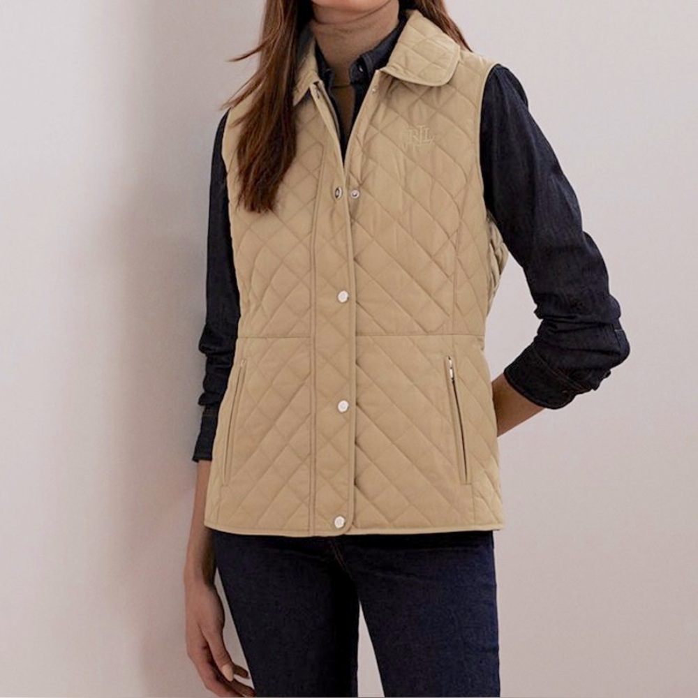 Lauren Ralph Lauren -women’s Quilted Vest full zip up collared tan silver SZ XXS